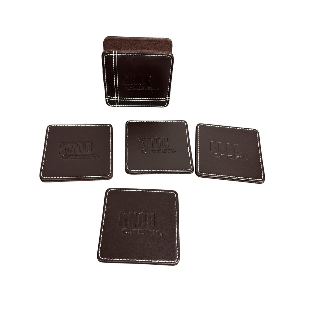Knob Creek Leatherette Coasters Set of 4 with Holder Brown Barware Whiskey